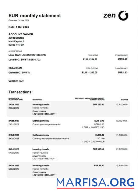 Printable Ukraine ZEN account statement word download for verification